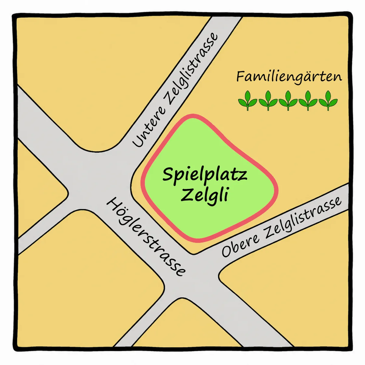 Hier befindet sich der Zelgli-Spielplatz. Eine gezeichnete Karte als Situationsplan für einen Park.